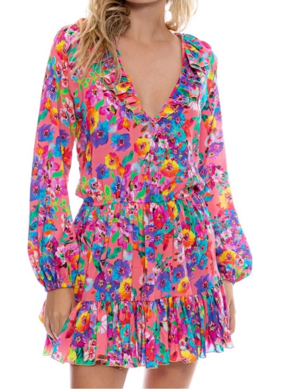 Luli Fama Water Blossoms V-Neck Tiered Mini Dress